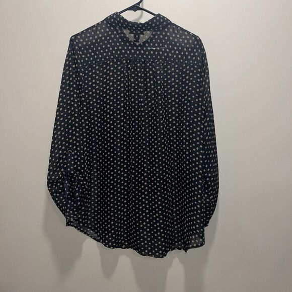 AGB Women's Sheer Polka Dot Button Up Blouse Black/Tan XL Oversized Preppy Twee - Picture 5 of 10